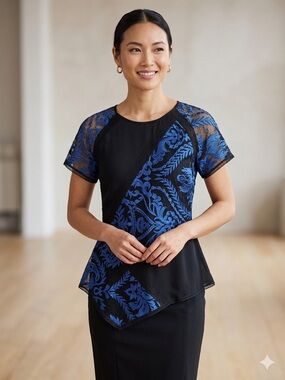 VENUS Black Short Sleeve Top with Blue Lace Panels
